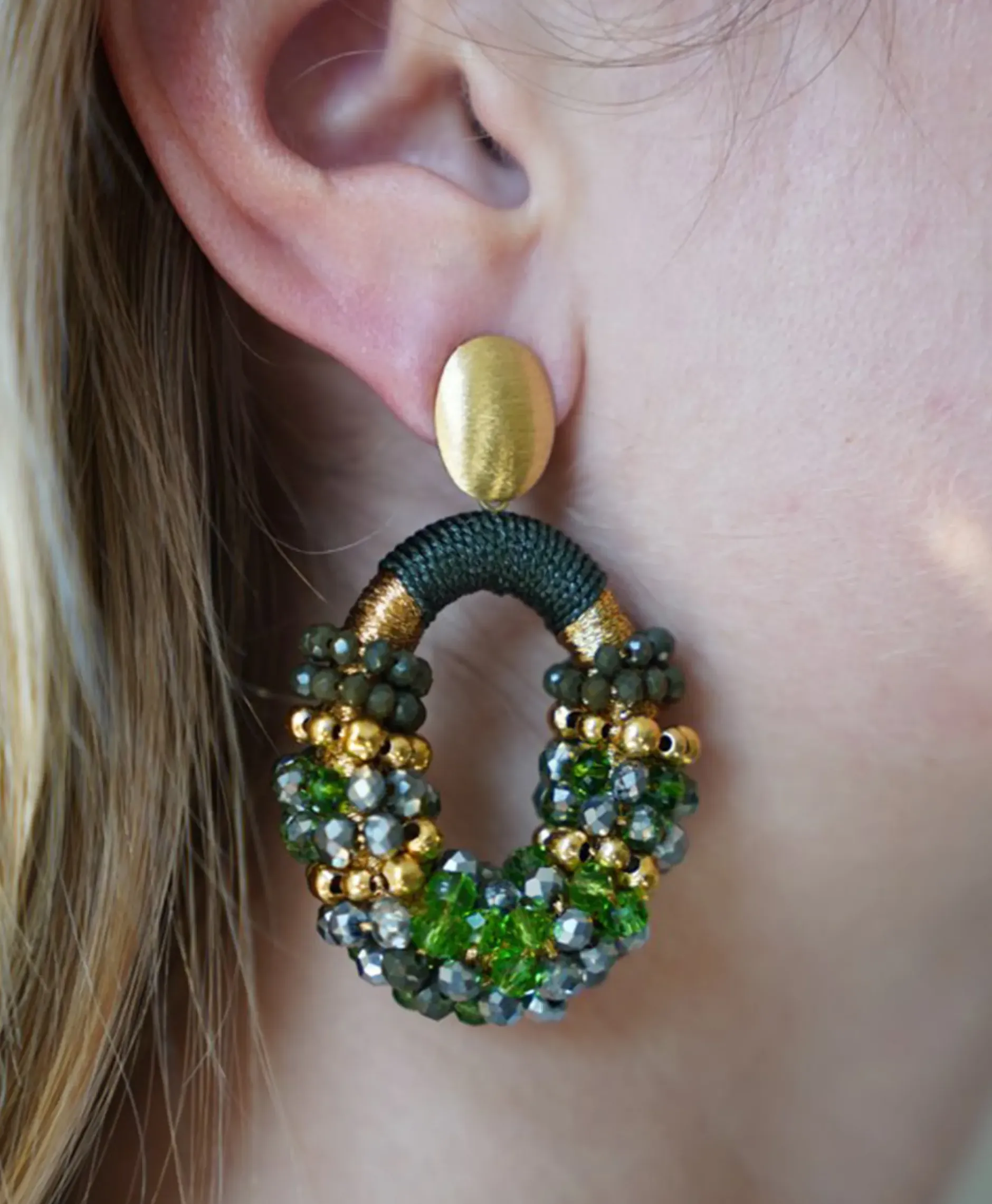 Oorbellen Ce Gb Combi Oval M Gold Stripes Groen^Lott. Gioielli Best